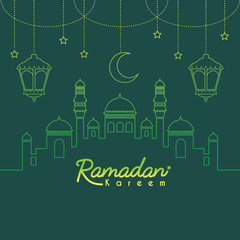 Sticker - Ramadan Kareem template or copy space. Mosque with crescent moon and lantern in gradient lien art style on blue background. Ramadan Kareem means Ramadan the Generous Month. 