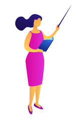 Sticker - Female teacher giving a lesson and holding a book and a pointer, tiny people isometric 3D illustration