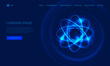 Fototapeta  - Abstract atom from particles, abstract light background. Blue shining cosmic atom model. Trend gradient design for Web page, mobile app or landing page template. Vector Eps10