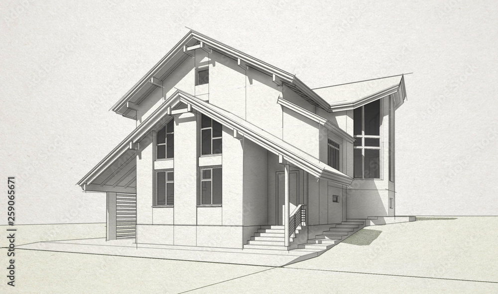 sketch brick and timber house with a red roof