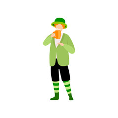 Sticker - Young Man in Green Irish Costume Drinking Beer, Guy Celebrating Saint Patrick Day Vector Illustration