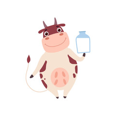 Wall Mural - Cute Smiling Cow Standing on Two Legs and Holding Jar of Milk, Funny Farm Animal Cartoon Character Vector Illustration