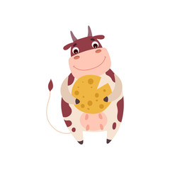 Sticker - Cute Smiling Cow Holding Cheese Wheel, Funny Farm Animal Cartoon Character Vector Illustration