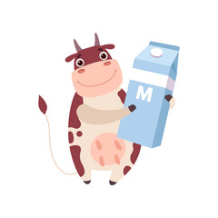 Canvas Print - Cute Smiling Cow Holding Packaging of Milk, Funny Farm Animal Cartoon Character Vector Illustration