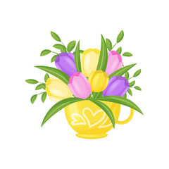 Wall Mural - Colorful tulips bouquet in yellow vase. Vector illustration.