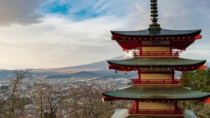 hyperlapse video of mount fuji and pagoda at sunrise