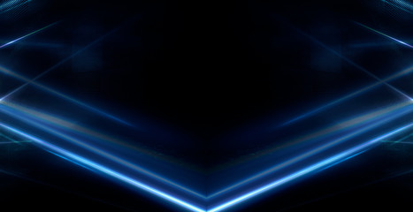 Poster - Tunnel in blue neon light, underground passage. Abstract blue background. Background of an empty black corridor with neon blue light. Abstract background with lines and glow, rays and symmetrical refl