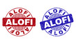 Grunge ALOFI round stamp seals isolated on a white background. Round seals with grunge texture in red and blue colors. Vector rubber imprint of ALOFI text inside circle form with stripes.