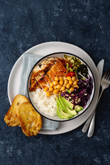 Poster - Buddha bowl Rice chickpeas chicken breast eggs vegetables top view