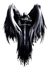 Mystical Angel In Hood And Armor With Big Black Wings And Crystal Sword