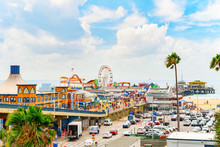 Famous Pier In Santa Monica With Tourists, A Suburb Of Los Angeles.