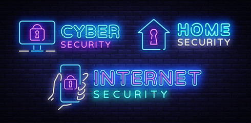 Cyber Security Neon signs set Vector. Internet Security neon sign, design template, modern trend design, night signboard, night bright advertising, light banner, light art. Vector illustration