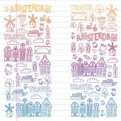  Vector pattern with Holland, Netherlands, Amsterdam icons. Doodle style.