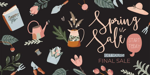 Wall Mural - Spring sale background with beautiful flowers and romantic lettering. Good template for web, card, poster, sticker, banner, invitation, wedding. Vector illustration