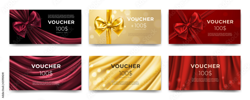 Golden voucher or red gift card, gold certificate for discount. Set of isolated template for present coupon with ribbon and bow. Shop invitation promo or flyer offer, birthday gift. Premium label - obrazy, fototapety, plakaty 