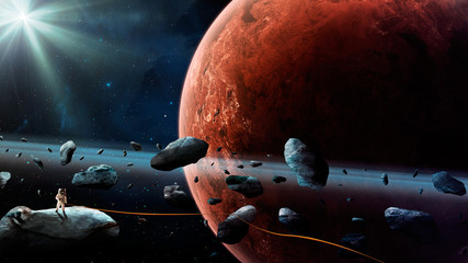 Wall Mural - Space scene. Astronaut stand on asteroid with rope and Mars planet on background. Elements furnished by NASA. 3D rendering