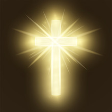 Shining Gold Cross Isolated On Brown Retro Background. Riligious Symbol. Glowing Saint Cross. Easter And Christmas Sign. Heaven Concept. Vector Illustration