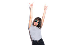 Crazy Girl In T-shirt And Rock Sunglasses Scream Holding Her Head Rocky Woman Isolated On White Background