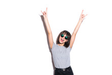 Crazy Girl In T-shirt And Rock Sunglasses Scream Holding Her Head Rocky Woman Isolated On White Background