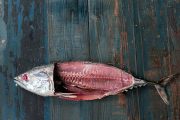 Tuna, fish, fillet closeup, on wooden background