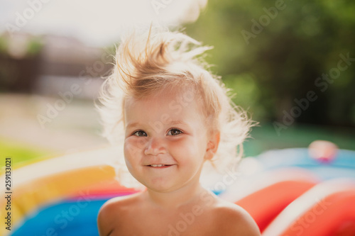 Cute Baby Girl With Blonde Curly Hair Outdoors Little Girl 1 2