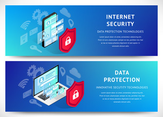 Wall Mural - Isometric internet security smartphone banners horizontal set