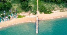 Aerial Bird's Eye View Drone Picture Of The Beach In East-Coast Park In Singapore