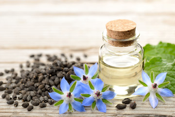 Wall Mural - borage oil in the glass bottle, with seeds and flowers