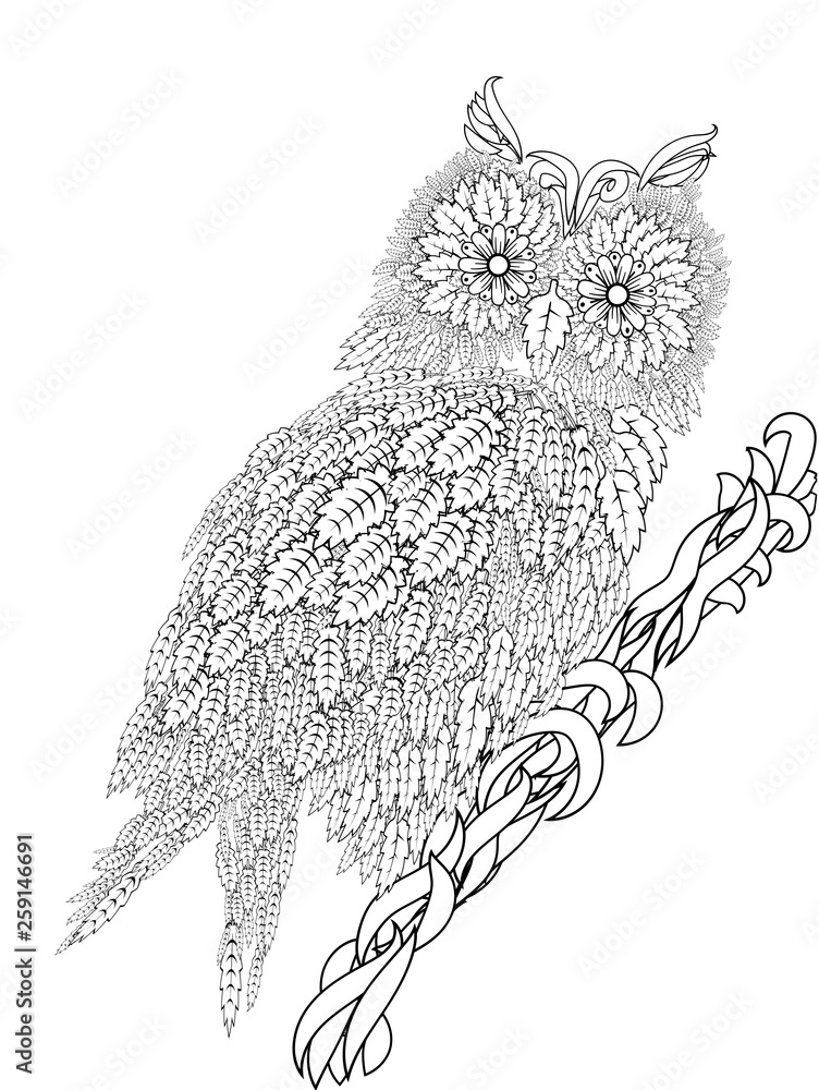 Poster Owl Leaves A Lot Drawing Black And White Eyes Flowers