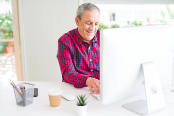 Poster - Handsome senior man working using computer and smiling confident