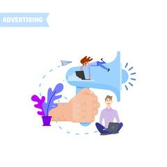 Wall Mural - Huge megaphone and tiny people with tablets concept illustration