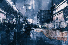 Digital Painting Of Buildings In Dark Tone, City In Night Time With Walking People