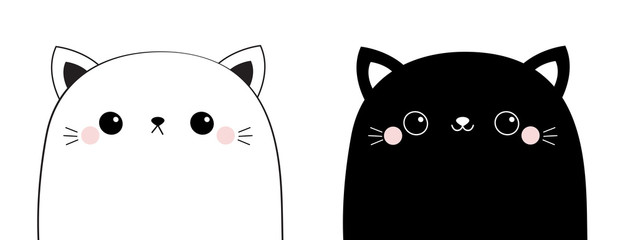 Poster - Black white cat head face line contour silhouette icon set. Pink blush cheeks. Funny kawaii smiling animal. Cute cartoon funny character. Pet collection. Flat design Baby background.