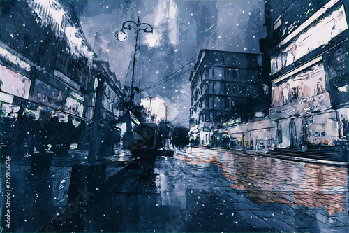 Digital Painting Of Buildings In Dark Tone City In Night Time