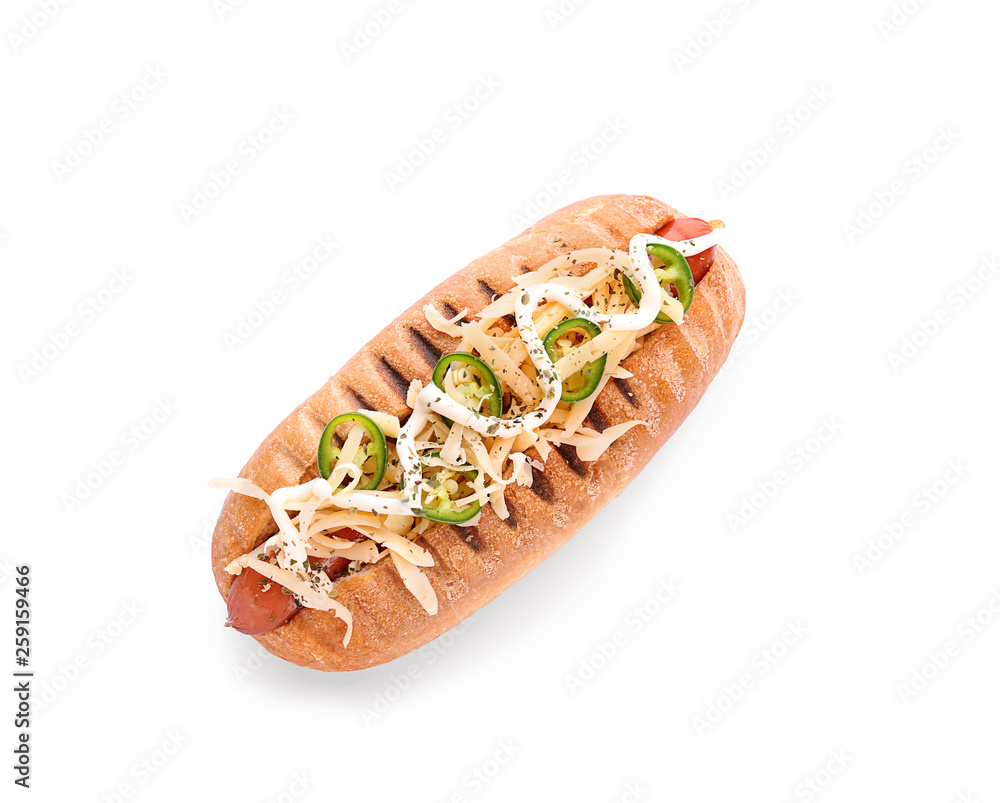 Tasty hot dog on white background