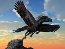 A Black Coated Pegasus Launches Itself Into The Winds From The Very Top Of A Rocky Mountain. This Mythical Flying Horse Takes Flight. 3D Rendering.