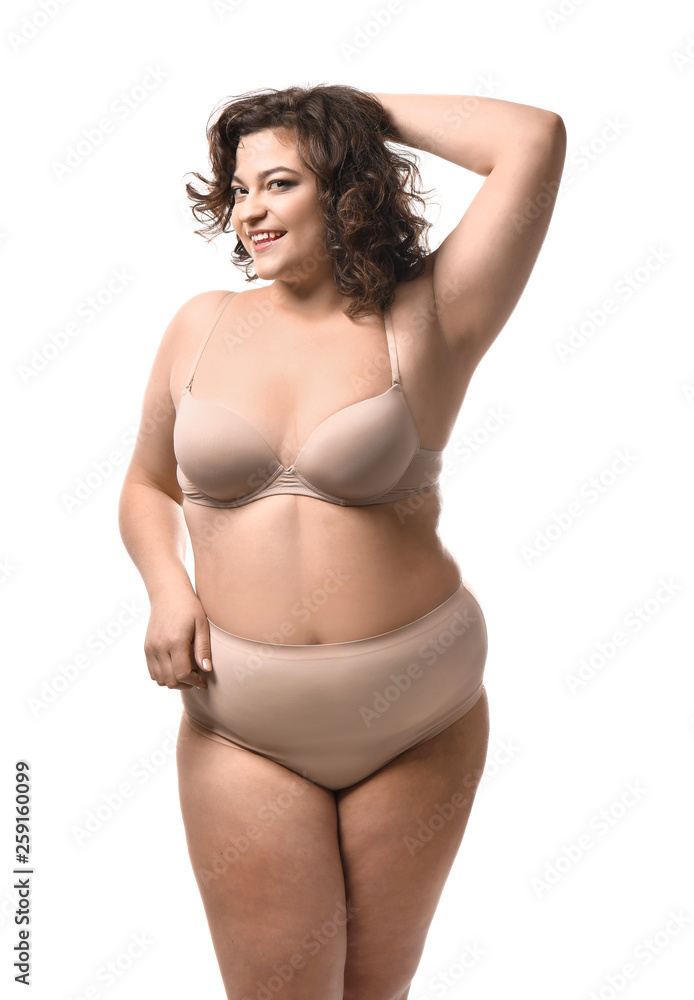 Happy plus size woman on white background. Concept of body positive