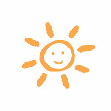 Cute Smiling Sun Painted By Hand With A Rough Brush. Grunge Icon, Logo, Symbol. Sketch, Graffiti, Watercolor.