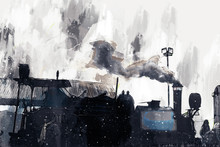 Abstract Painting Of Vintage Train With Smoke, Digital Painting