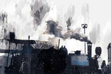 Abstract painting of vintage train with smoke, digital painting