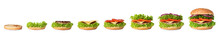 Cooking Delicious Burger On White Background. Step By Step Recipe