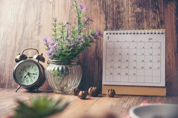 Wall Mural - desktop calendar 2019 and clock place on wooden office desk.calender for planner to make timetable,a