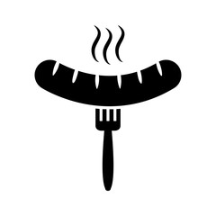 Grilled sausage with fork, barbecue, black icon. Vector illustration