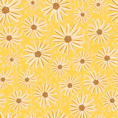 Chamomile flowers seamless vector repeat pattern. White Daisy flowers on yellow background. Contemporary seasonal ditsy floral repeat tile. Hand drawn retro design for summer fabric, decor, paper