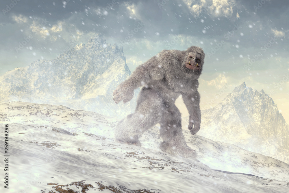 On a cold plain backed by jagged mountains a shaggy white beast trudges through the snow.  Covered in long white hair and walking upright, this is the yeti, the abominable snowman. 3D Rendering - obrazy, fototapety, plakaty 