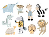 Big set of wild cartoon African animals. Cute handdrawn kids clip art collection. Vector illustration.