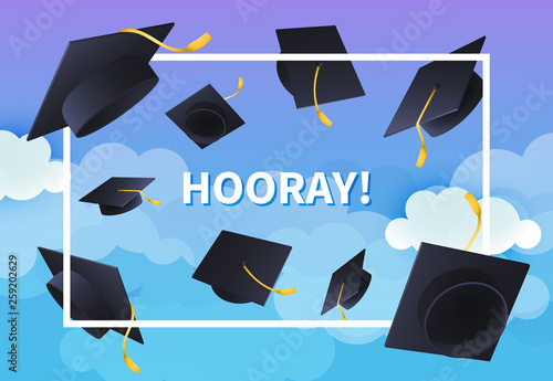 Hooray Festive Banner Design Text In Frame And Flying Graduation