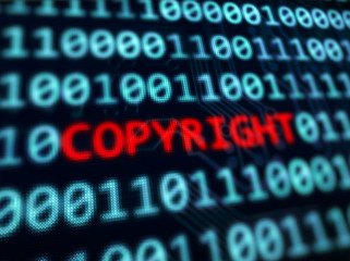 Copyright word text between random binary data 3D rendered with depth of field