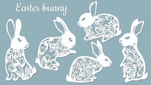 Laser Cut Easter Bunny Rabbit. Floral Fancy Hare With Laser Cut Pattern For Die Cutting. Laser Cutting Rabbit Template.