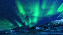 Beautiful Northern Lights Animation. Green Lights Aurora Borealis In Norway, Canada, Finland, Iceland And Sweden. Polar Weather And Blue Starry Sky On A Cold Night. Fantastic Motion Background In 4k.